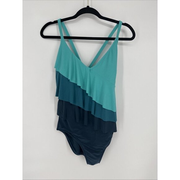Beyond Control Womens Size 10 Teal Ruffle Tiered Color Block One-Piece Swimsuit - Picture 3 of 6